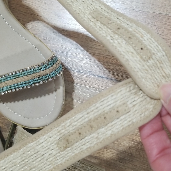 SKEMO Beige, Rhinestone & Turquoise Beaded Wedge Ankle Wrap Sandals - Picture 8 of 14